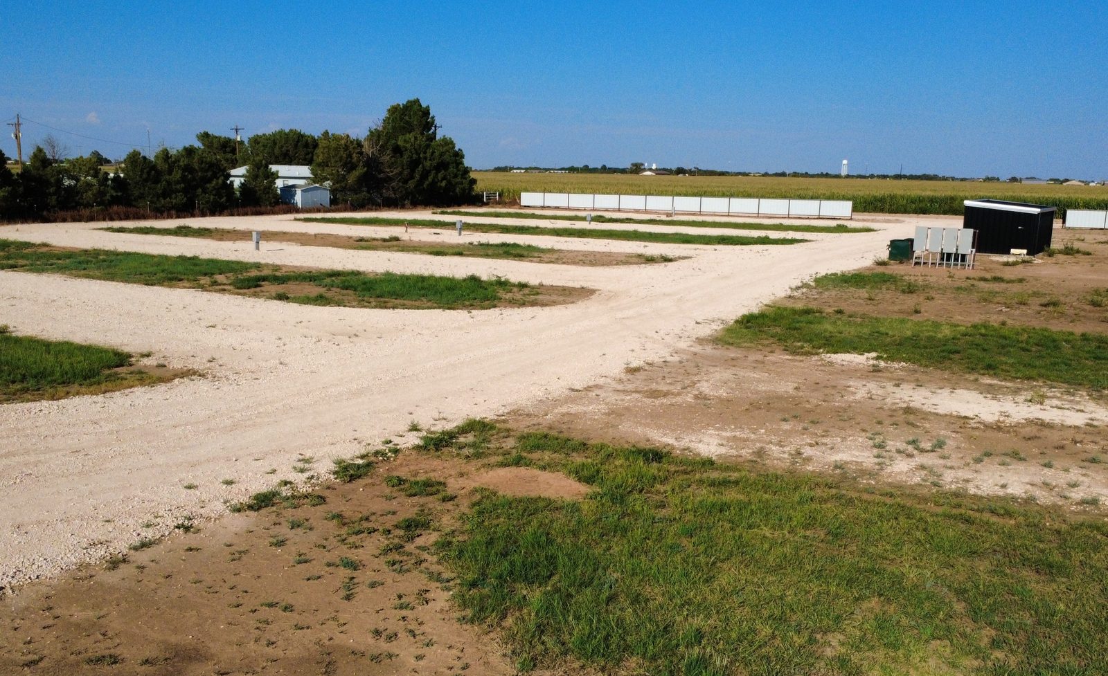 An aerial view of the spacious, level gravel RV sites at Hub City Hideaway.